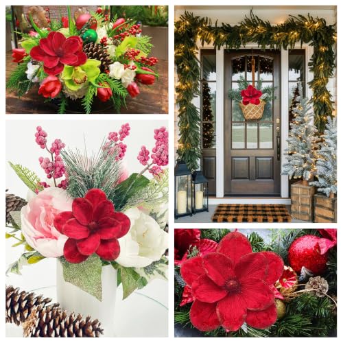 M2cbridge Red Velvet Magnolia Flowers Artificial Poinsettia Stems, 4PCS Christmas Decor