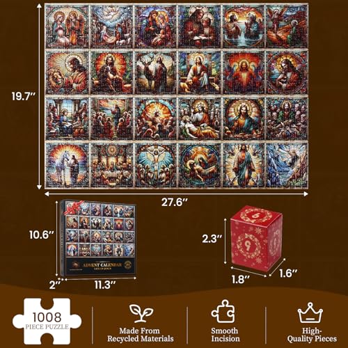 Rideomon Christmas Advent Calendar Puzzle 2026 - 1008 Piece Stained Glass Jesus Life, 24 Days Holiday Countdown, Family Decor - Christmas A