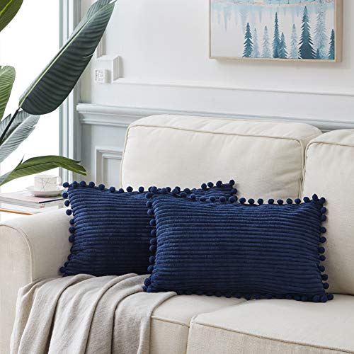 Boho Corduroy Lumbar Throw Pillow Covers with Pom-Poms, 12x20 Inch, Set of 2