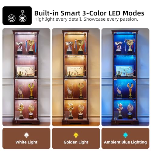 Narrow Glass Display Cabinet with Motion-Sensor Light, Walnut Wood