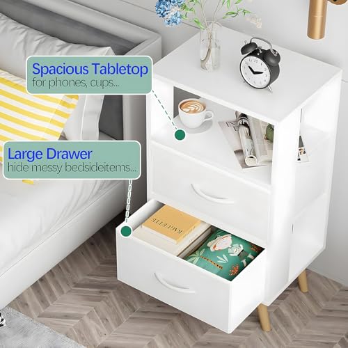 3-Tier Modern Nightstand with Fabric Drawers, White Wooden Side Table