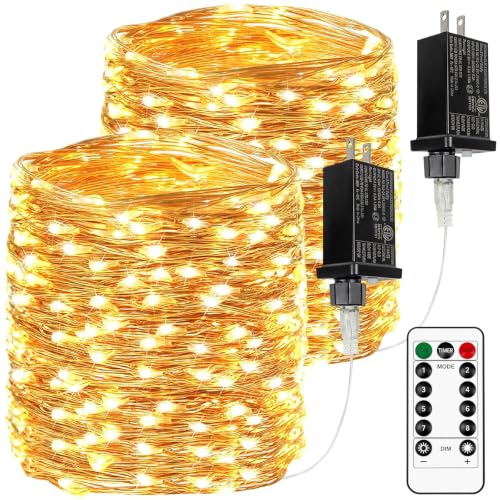 BHCLIGHT 2 Pack 198 ft 600 LED Warm White Fairy Lights with Remote, IP44 Waterproof