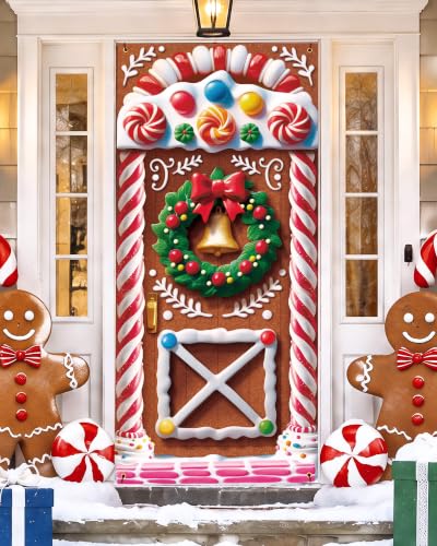 Christmas Door Cover with Wreath and Gingerbread House Pattern - Front Door Decoration