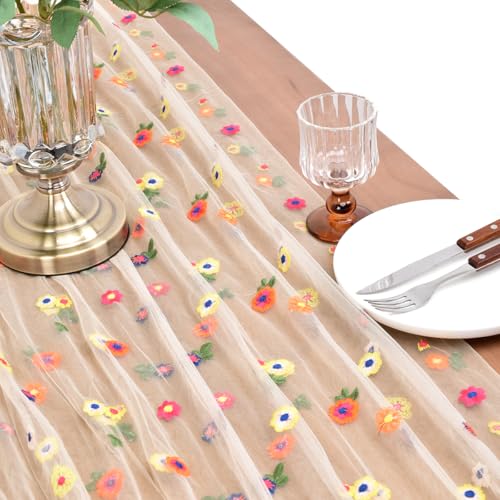 Embroidered Daisy Tulle Table Runner 10ft Floral Table Decor for Weddings