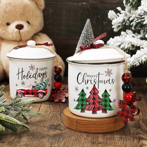 Christmas Mini Ceramic Canister Set with Santa Truck & Tree Design - Holiday Candy Jar & Decor