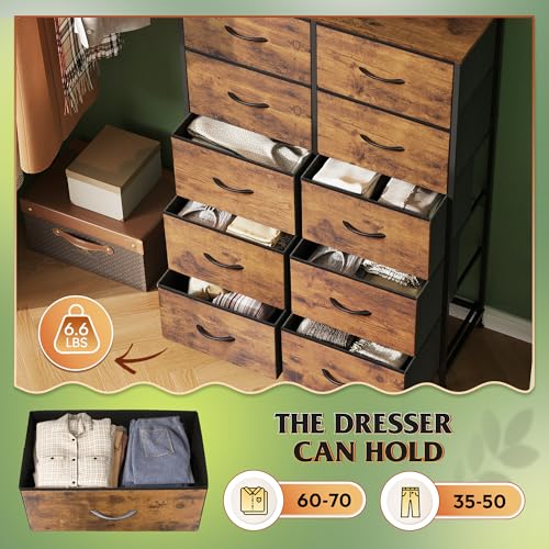 10-Drawer Tall Storage Dresser, Rustic Wood Top Fabric Chest for Bedroom