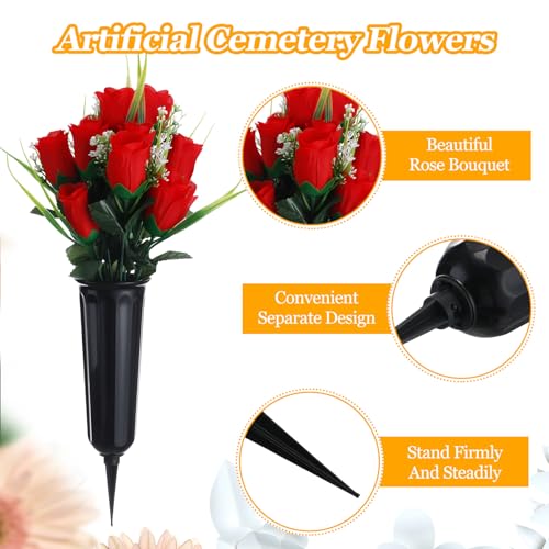 Tigeen 6-Set Red Cemetery Flowers for Grave with Vases and Spikes