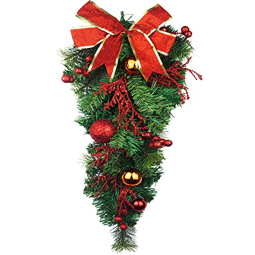 25-Inch Artificial Christmas Teardrop Swag with Pine Cones and Ribbon Bow