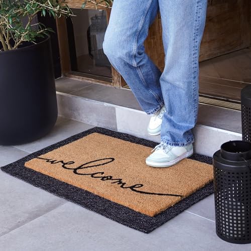 Natural Coir Welcome Doormat - 17x30 Inch Script Entryway Mat with Non-Slip