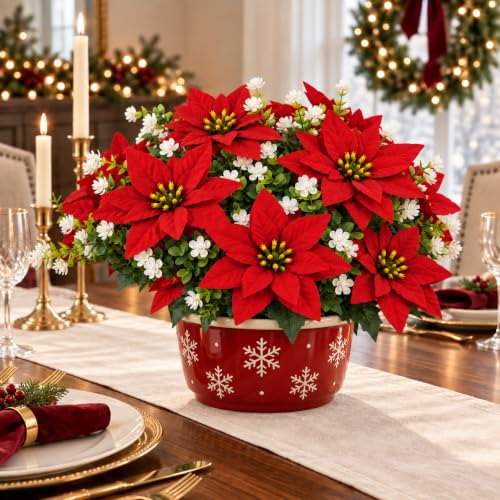 Artificial Poinsettia Flowers Set - 13 Pcs Red & White Camellias for Holiday Decor