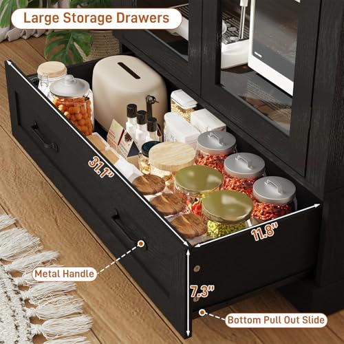 75" Tall Arched Kitchen Pantry Cabinet with Glass Doors and Drawer