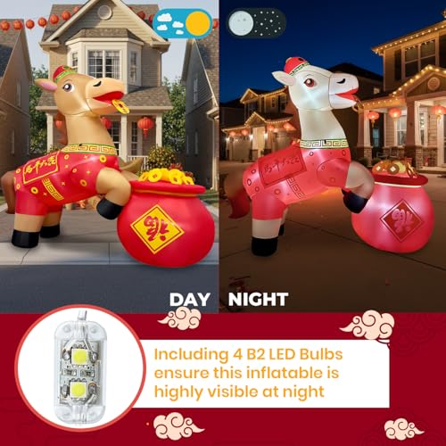 6FT Inflatable Chinese Horse for Lunar New Year with LED Lights - Outdoor Yard Decor
