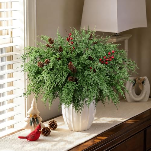 18Pcs Cedar Pine Stems with Berries & Pinecones – Norfolk Pine Christmas Picks (14 stems, 2 berries, 2 cones) by Dolicer