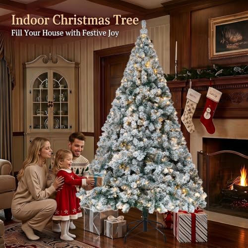 DNKMOR 5FT Christmas Tree with Warm White Lights, Snow Flocked Artificial Xmas Tree