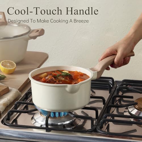 CAROTE 1.5Qt & 3.0Qt Sauce Pan Sets with Lid Cooking Pots Nonstick Saucepans Cookware Set with Pour Spout Small Kitchen Pot, Induction Comptable, Easy to Clean, PFOA FREE (White Granite)
