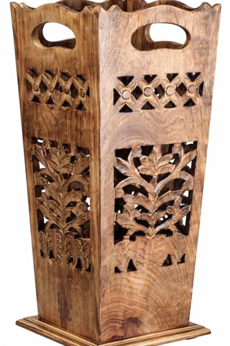 Hand-Carved Solid Wood Umbrella Stand & Walking Cane Holder