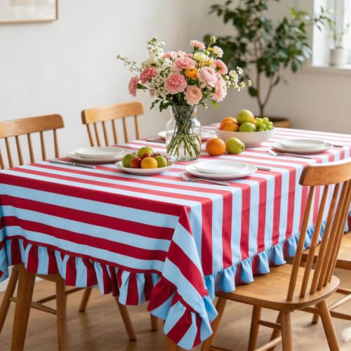 JarThenaAMCS Ruffled Striped Tablecloth 60 x 120 in - Blue Burgundy (Blue Burgundy / 120" x 60")