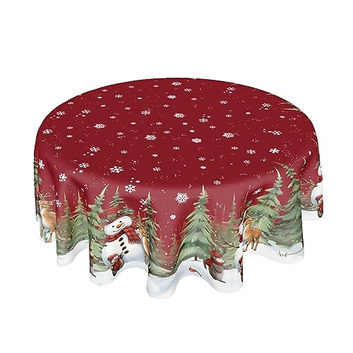 Sweetshow Dark Red 60-Inch Round Christmas Tablecloth Snowman Snowflake Holiday Decor