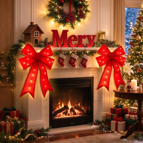 2 Pack Prelit Red Velvet Christmas Bows with 20 LED Lights & Remote Timer