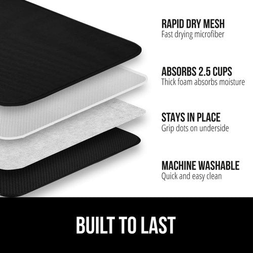 GORILLA GRIP Microfiber Dish Drying Mat - Ultra Absorbent & Slip Resistant | Quick Dry, 18x16 Inch, Black