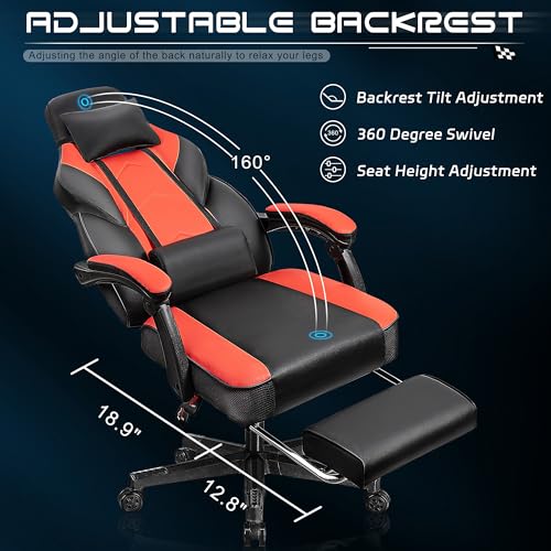 Ergonomic Gaming Chair with Footrest, Massage Lumbar Support & Recliner, Red