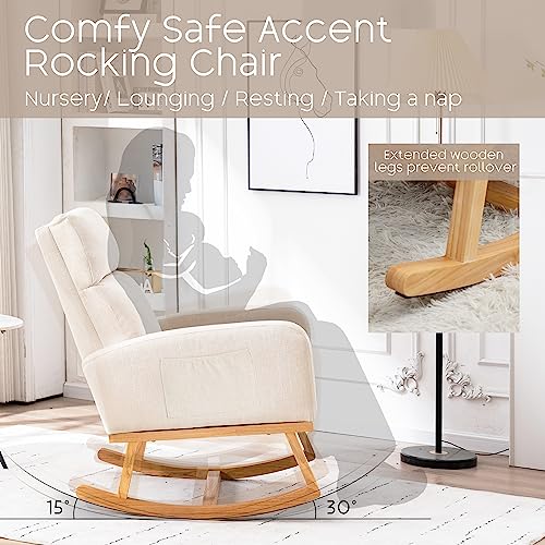 Modern Upholstered Nursery Rocking Chair with Side Pocket - Beige