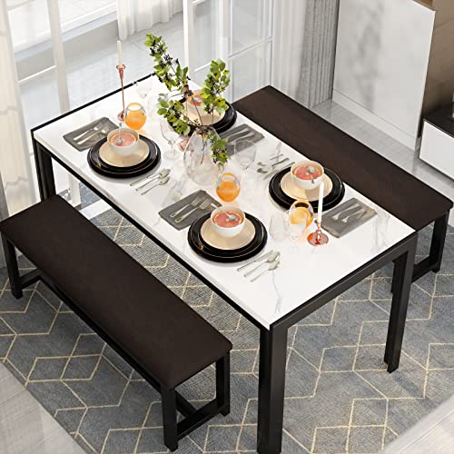 3-Piece Marble Dining Table Set with 2 Upholstered PU Leather Benches