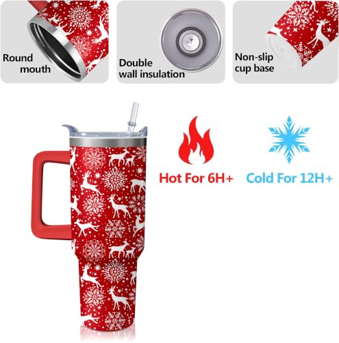 Kearscupra 40oz Reindeer & Snowflakes Tumbler with Handle & Straw – Stainless Steel Insulated Cup