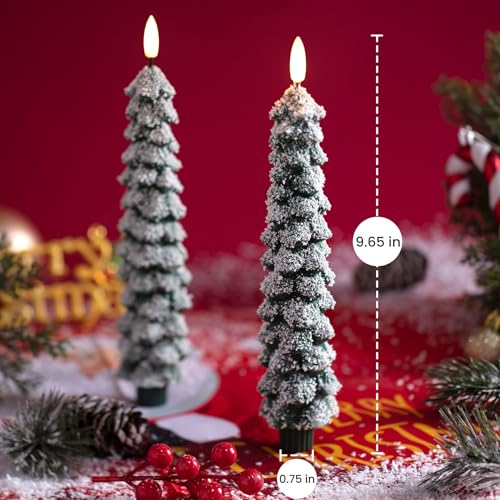 Snow Covered 4 Pack Flameless Christmas Tree Candles with Remote, 9.65 Inch LED Taper Candles