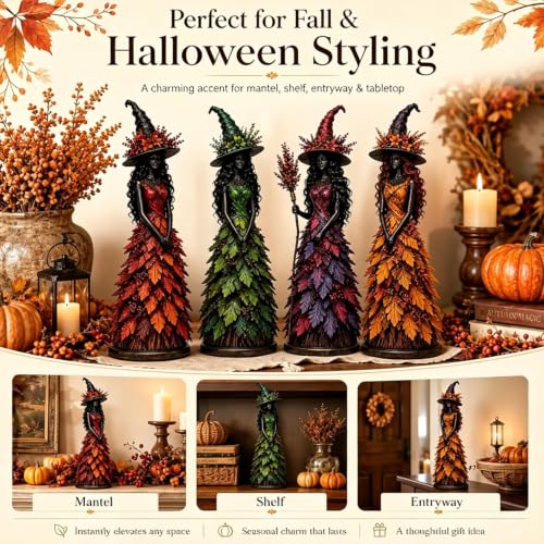 Autumn Witch Figurine - Fall Halloween Resin Tabletop Statue, Saffron