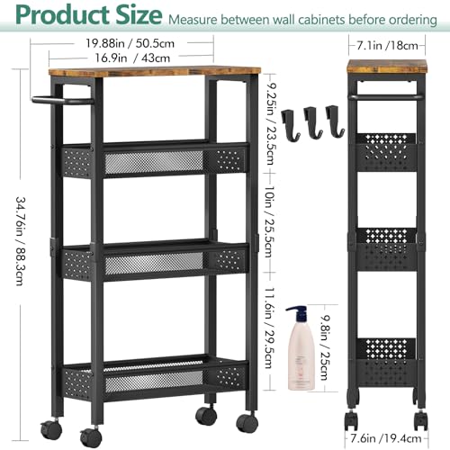 4-Tier Slim Utility Rolling Cart with Wheels & Wood Top - 7.1" Narrow Organizer