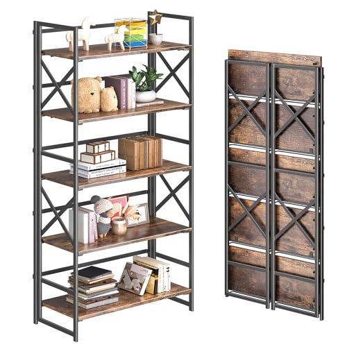 5-Tier Industrial Folding Bookshelf, No-Assembly Metal & Wood Bookcase