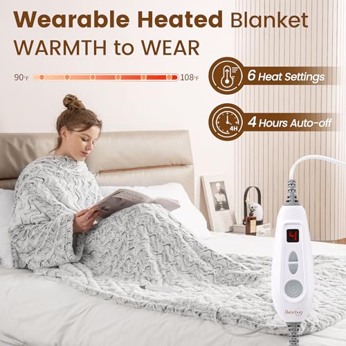 Wearable Heated Blanket with Sleeves and Foot Pockets, Faux Fur & Sherpa