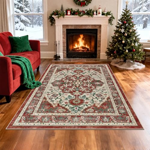 Red Christmas Area Rug 5x7 5' x 7' Boho Washable Non-Slip Floral Vintage Carpet (U'Artlines)