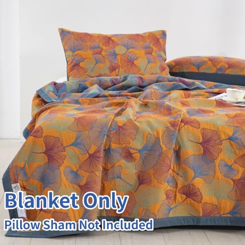 100% Cotton Muslin Blanket - Reversible Ginkgo Leaves Quilt, Queen
