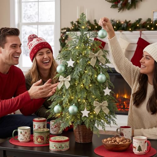 Ferrgoal 3ft Prelit Small Christmas Tree with Warm White LED Lights, Rustic Woven Basket Base, Green
