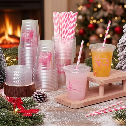Sliner 180 Pcs Christmas Cups with Lids & Straws - 60 Sets, Rose Red/Classic