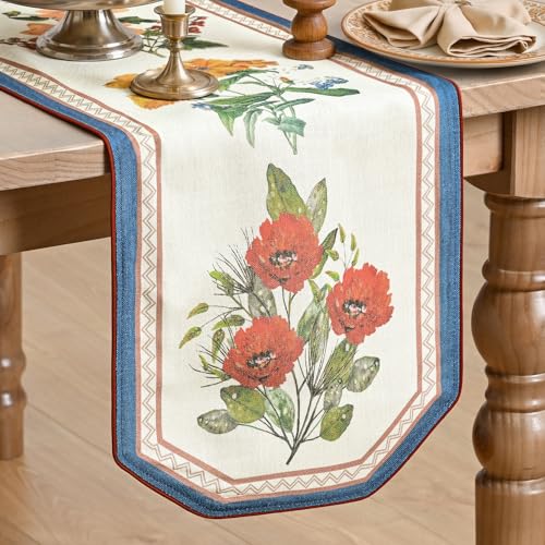 Artoid Mode Beige Blue Floral Farmhouse Linen Table Runner 13x72 Inch - Durable & Elegant Home Decor