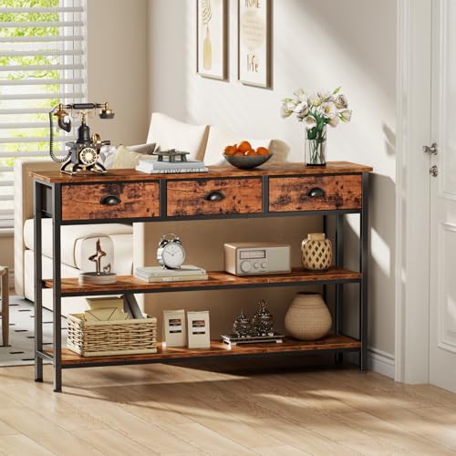 47-Inch Console Table with 3 Drawers and 3-Tier Shelves, Rustic Industrial