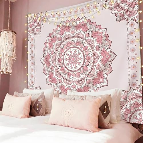 Pink Boho Mandala Wall Tapestry - Floral Aesthetic Room Decor (51x60 in)