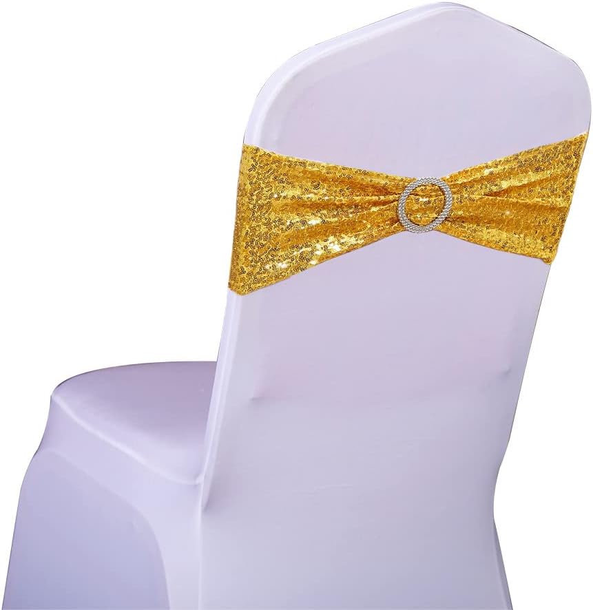 Skiennix Spandex Sequins Chair Sashes - Gold Chair Bands with Buckles for Weddings & Parties | Pack of 50