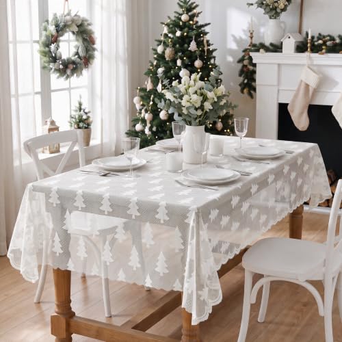 Horaldaily 60x84 Inch Christmas Lace Tablecloth Rectangular White Xmas Tree Decor