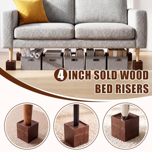 4-Inch Solid Wood Furniture Risers - Set of 4 for Bed, Sofa, Table