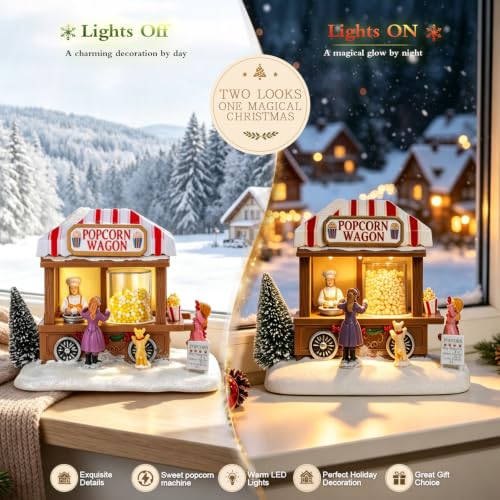 Christmas Village House with Animated Popcorn Wagon Light & Music - Holiday Decor