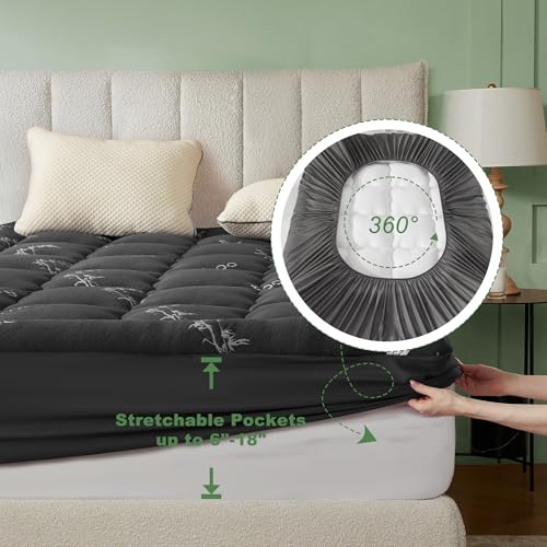 BEDLORE Queen Bamboo Mattress Topper - Thick Pillow Top Pad Dark Gray