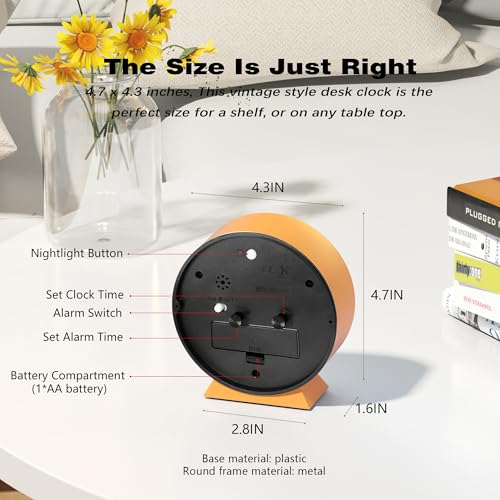 Silent 4.5" Retro Analog Alarm Clock - Non-Ticking Metal Desk Clock (Orange)