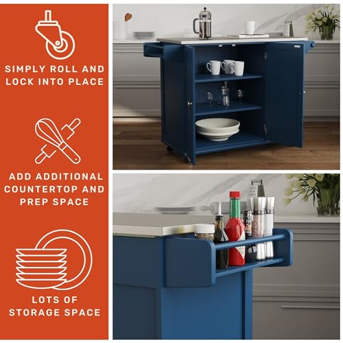 Mobile Kitchen Island Cart with Stainless Steel Top & Storage, Blue