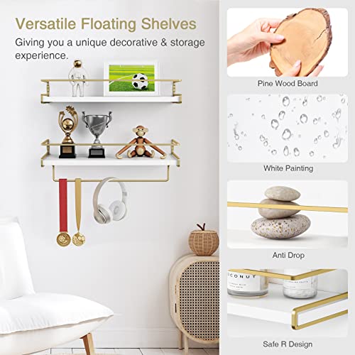 Floating Bathroom Shelves with Towel Bar, Set of 2 White and Gold Wall Shelves