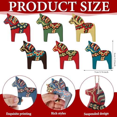 6-Piece Wooden Swedish Dala Horse Christmas Tree Ornaments, Vintage Style