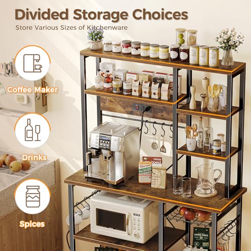 Large 6-Tier Bakers Rack with Power Outlets & Microwave Stand - Rustic Brown